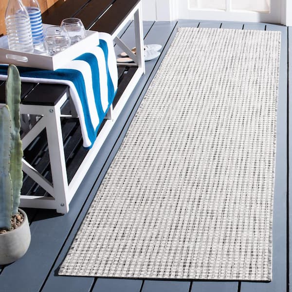 Courtyard Ivory/Dark Gray 2 ft. x 8 ft. Woven Geometric Indoor/Outdoor Runner Rug
