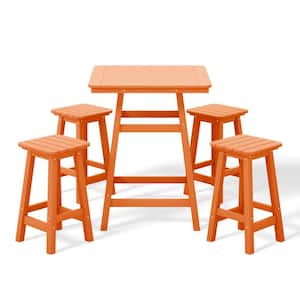 Laguna 5-Piece Fade Resistant HDPE Plastic Outdoor Patio Square Counter Height Bistro Set, Matching Barstools Orange