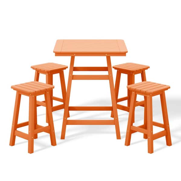 WESTIN OUTDOOR Laguna 5-Piece Fade Resistant HDPE Plastic Outdoor Patio Square Counter Height Bistro Set, Matching Barstools Orange