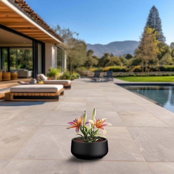 14.5 in. Small Charcoal Black (Enhanced Interior) Concrete Round Planter / Pot with Drainage Holes