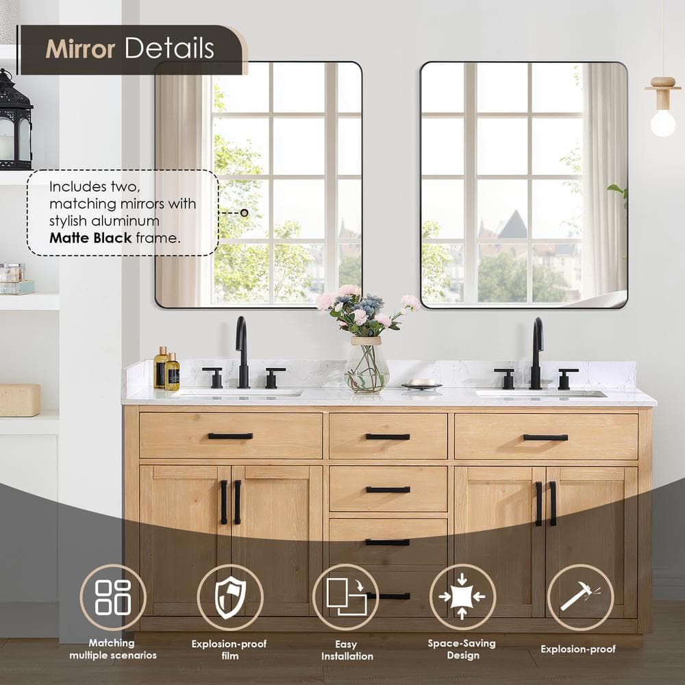 Gavino 72" Light Brown Wood Vanity with Composite Stone Top and Mirror