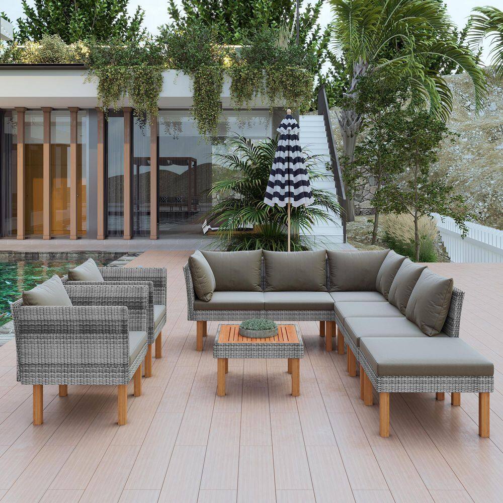Patio 9-Piece Wood Wicker Outdoor Sofa Sectional Set with Gray Cushions Coffee Table price history on PriceWatchPro