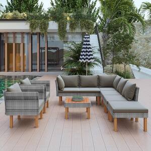 Patio 9-Piece Wood Wicker Outdoor Sofa Sectional Set with Gray Cushions Coffee Table