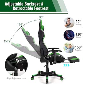 Massage Upholstery Gaming Chair Computer Office Chair with LED Lights and Footrest Green