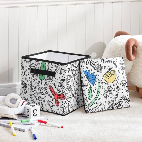 BAUM Kid's White Coloring Cube Storage Bin with 4 Pack of Washable 