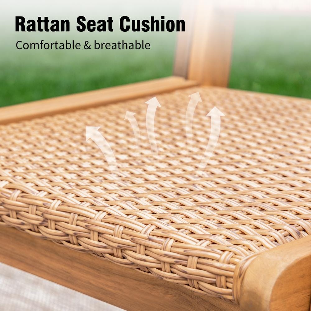 Brown Acacia Wood and Rattan Outdoor Dining Armchairs, Set of 2