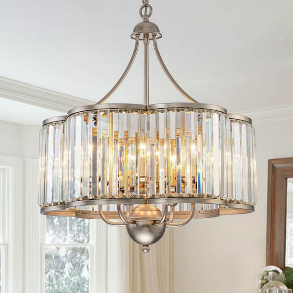 Sea 6-Light 21.7 in.W Brass with Silver Undertones Flower Crystal Chandelier Drum Mid-Century Transitional Chandelier