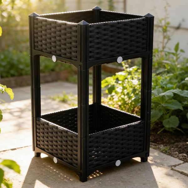 15.70 in. x 15.70 in. x 27.70 in. Elevated Black Polypropylene Raised Garden Bed with Drainage Plug