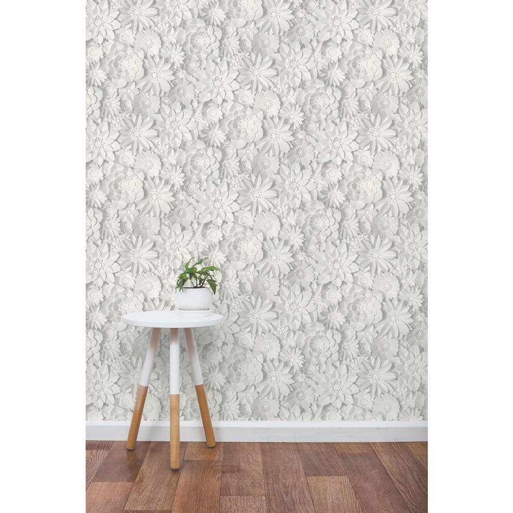 Medley White 3D Floral Matte Unpasted Wallpaper Roll