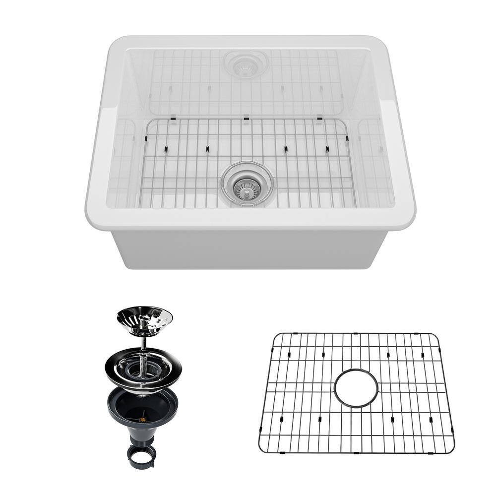 24 in. Undermount Single Bowl White Fine Fireclay Kitchen Sink with Bottom 