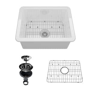 24 in. Undermount Single Bowl White Fine Fireclay Kitchen Sink with Bottom Grid and Strainer Basket