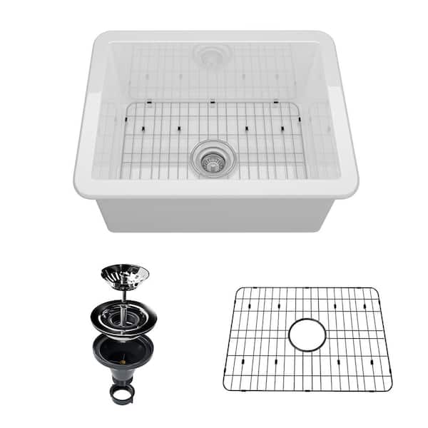 Boyel Living 24 in. Undermount Single Bowl White Fine Fireclay Kitchen Sink with Bottom Grid and Strainer Basket