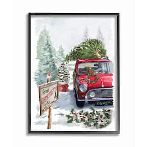 11 in. x 14 in. "Holiday Fresh Christmas Trees on a Red Car Truck Painting" by Artist P.S. Art Framed Wall Art
