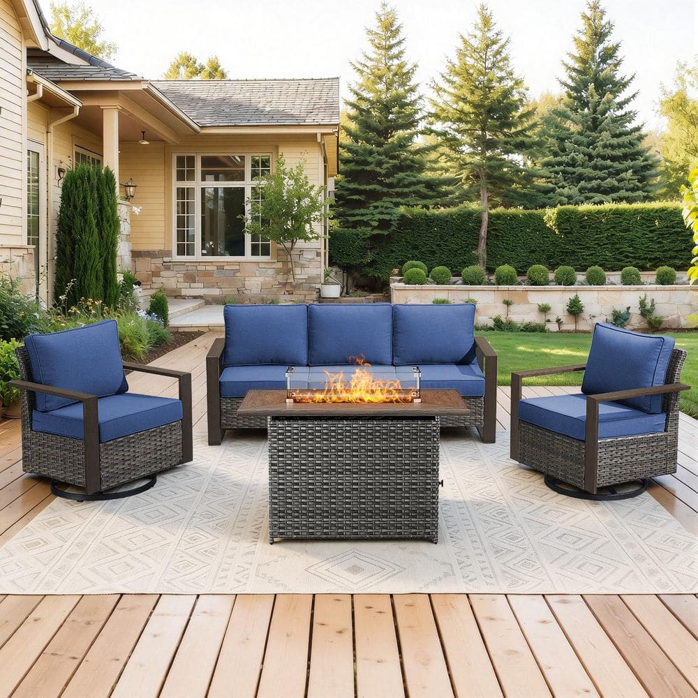 FanKan Gray 4-Piece Wicker Outdoor Glider Chair Patio Deep Seating with Rectangular Fire Table and Blue Cushions price history on PriceWatchPro