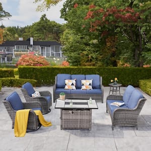 Moonquake Gray 6-Piece Wicker Patio Fire Pit Set with Rectangular Denim Blue Cushions and Swivel Rocking Chairs