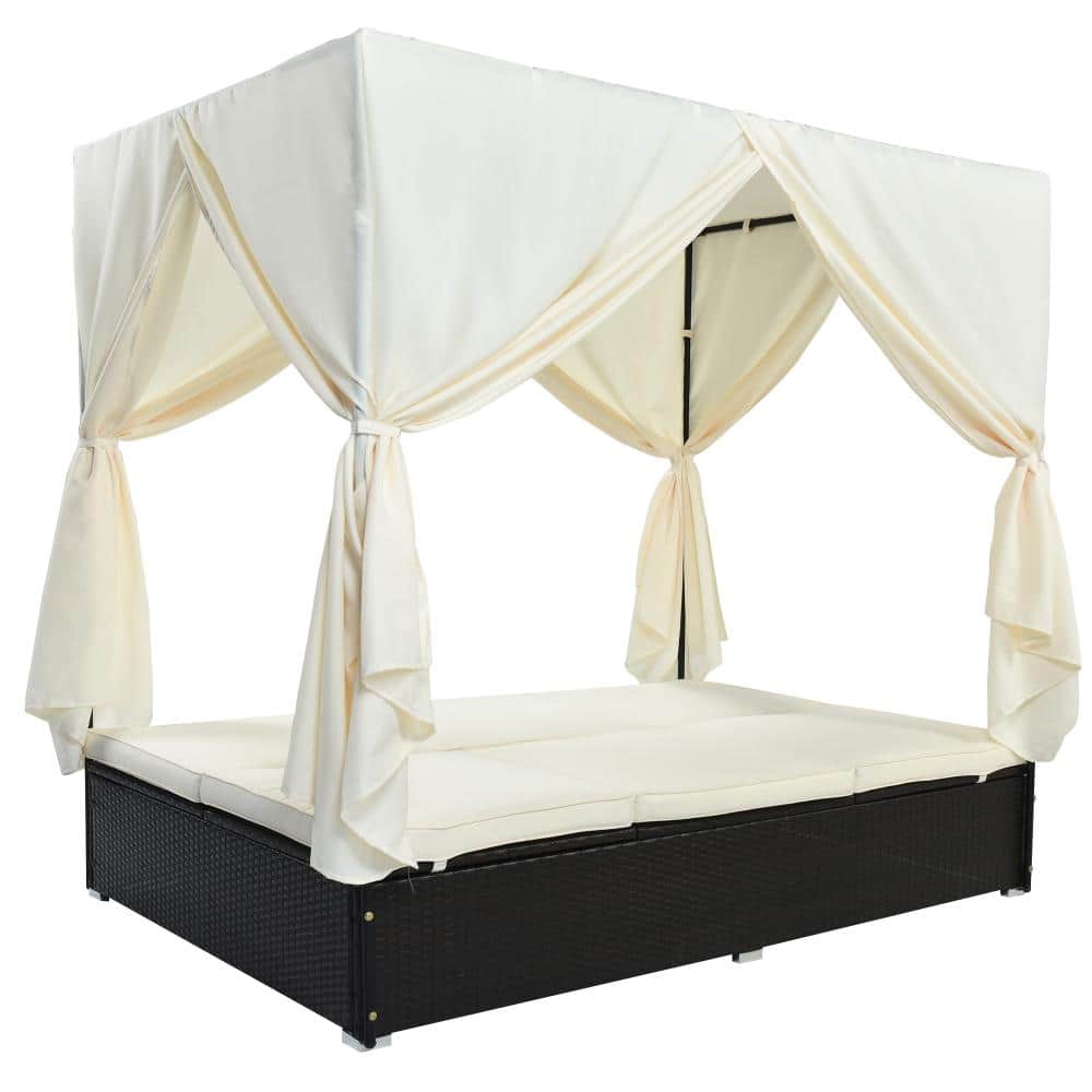 Beige Wicker Outdoor Double Chaise Lounge Day Bed with Curtains, Cushion, Adjustable Backrest