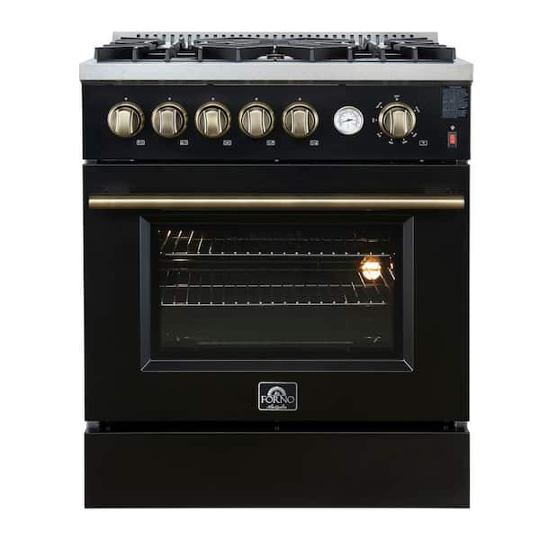 Giovanni 30-in. Gas Range Black and Antique Brass, 5 Burners 67,000 BTU, 4.32 cu. ft. Convection Oven