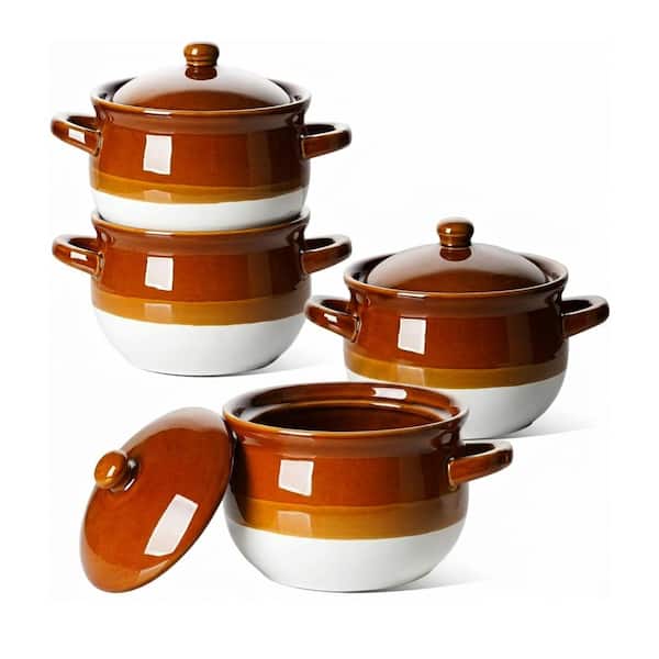 4-Piece White Ceramic Soup Bowls with Lids and Handles Oven Safe for French Onion Soup, Chili, Stew, Set