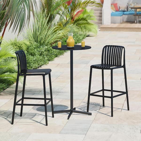 Frond and Form Modern Slatted Outdoor Patio Poly Plastic Stackable 29.5 in. Bar Stool (Set of 2), Black