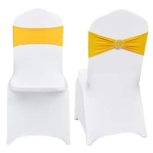 30 Set Stretch Spandex Folding Chair Covers with Chair Sashes Removable Washable Protective Slipcovers, Gold & White