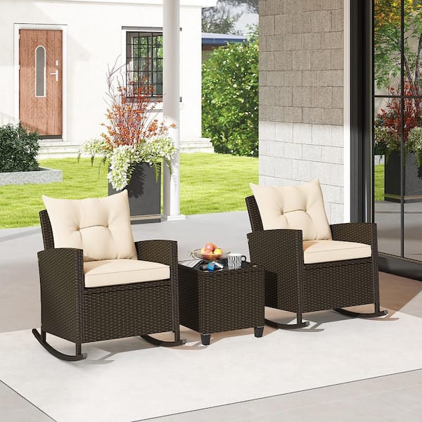 Gymax 3 Piece Metal Patio Conversation Set Rattan Rocking Chair Set w/ Tempered Glass Table Seat