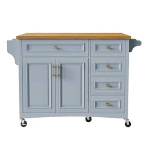 Gray Blue Wood 52 in. W Large Kitchen Island with Drop Leaf, 2-Doors and 5-Drawers