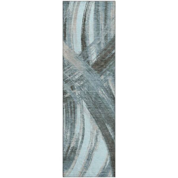 Mayfield Premium Machine Washable Abstract AMF2421 Teal 2 ft. x 7 ft. Runner Rug