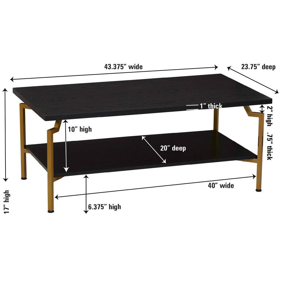Black Oak and Gold Rectangular Coffee Table with Storage Shelf