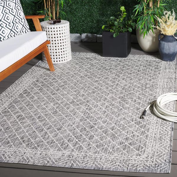 Courtyard Light Gray/Dark Gray 7 ft. x 7 ft. Border Trellis Indoor/Outdoor Square Area Rug