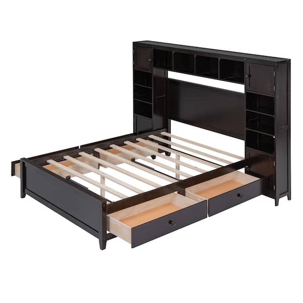 Espresso Wood Frame Full Size Platform Bed with All-in-1-Cabinet, Shelf and Drawers