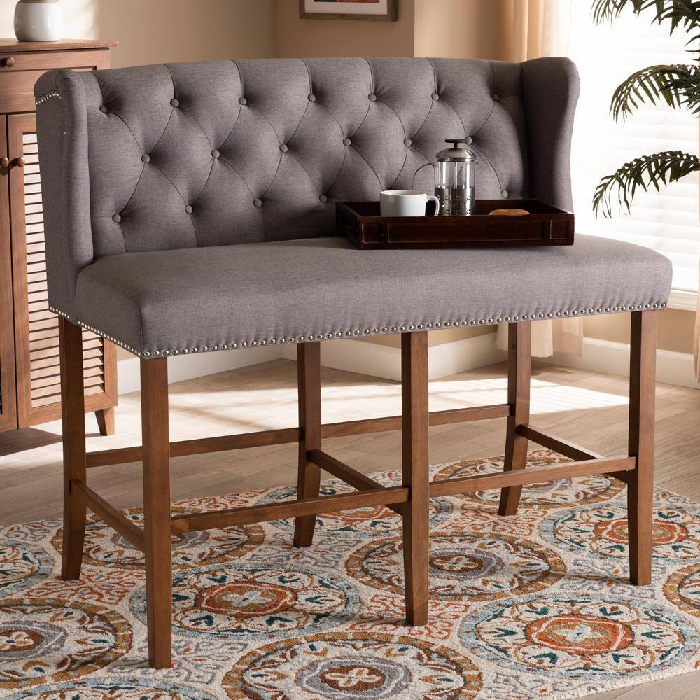 Gray Fabric Upholstered Walnut Wood Button Tufted Bar Stool Bench