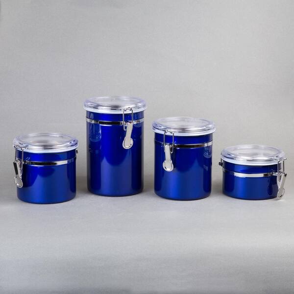 Creative Home Blue Stainless Steel Canister Storage Container With Air Tight Lid And Locking Clamp Set Of 4 Pieces 50284 The Home Depot