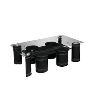 Lianna 51 in. Black Rectangle Clear Glass Top, Faux Leather Base Coffee Table With 4 Stools