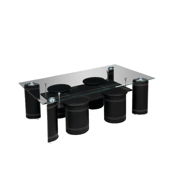 Best Quality Furniture Lianna 51 in. Black Rectangle Clear Glass Top, Faux Leather Base Coffee Table With 4 Stools
