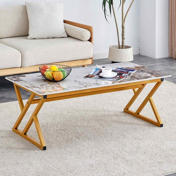 Modern 47 in. Gold Rectangle Stone Coffee Table
