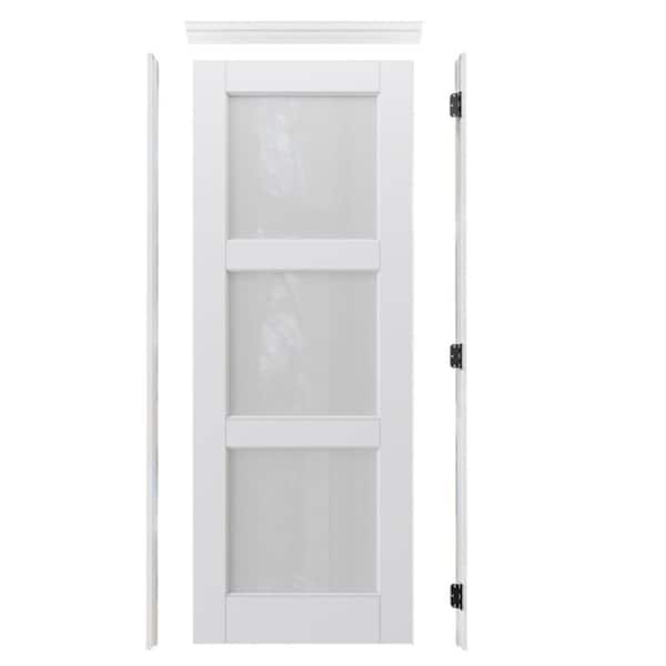 28 in. x 80 in. 3-Lite Frosted Glass Left White Solid Core Glass Single Prehung Interior Door with Quick Assemble Jamb
