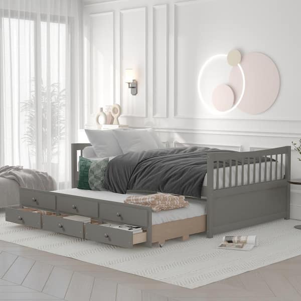 Harper & Bright Designs Gray Full Size Wood Daybed with Trundle and 3-Drawers