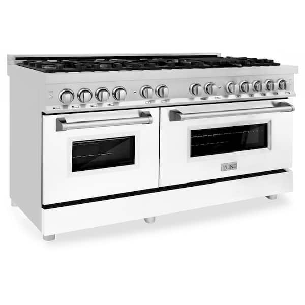 ZLINE Kitchen and Bath 60 in. 9-Burner Double Oven Dual Fuel Range with White Matte Door in Stainless Steel