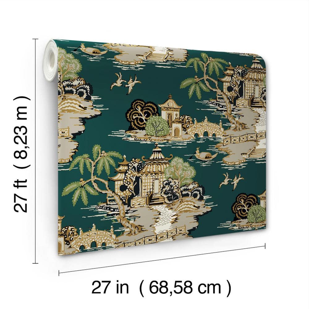 Teal and White Asian Waves Peel and Stick Wallpaper Roll