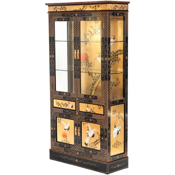 RED LANTERN Gold Lacquer Cranes 37.5 in. Display Cabinet with
