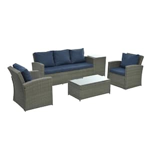 Gray 5 Piece PE Wicker Outdoor Patio Sectional Set Couch with Coffee Table, Side Table and Light Blue Cushion