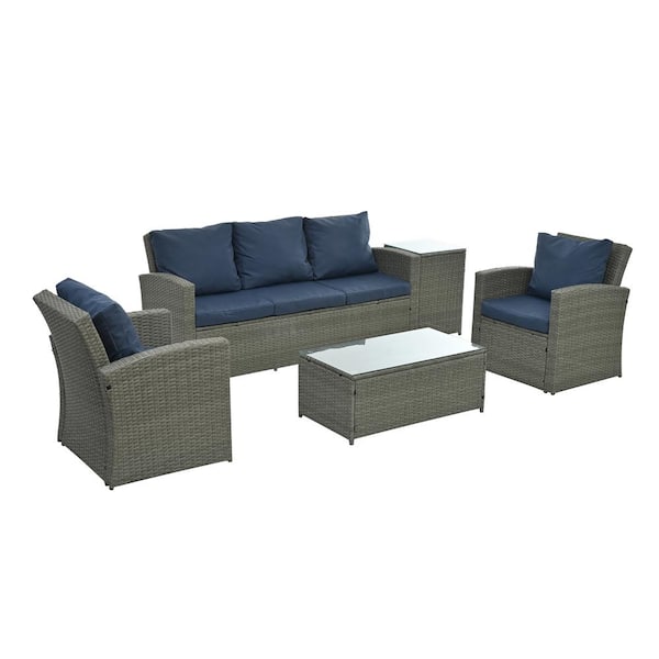Zeus & Ruta Gray 5 Piece PE Wicker Outdoor Patio Sectional Set Couch with Coffee Table, Side Table and Light Blue Cushion