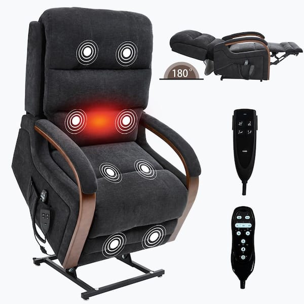 Black Chenille Power Lift Recliner Chair Dual Motor Infinite Position with Solid Wood Armrests and Heat Massage