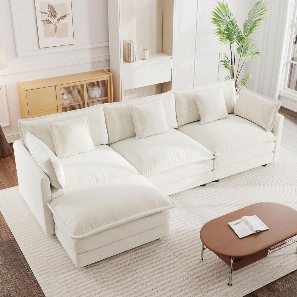 Modern 111.4 in. Square Arms Chenille L-Shaped Modular Sectional Sofa in White with Reversible Ottoman