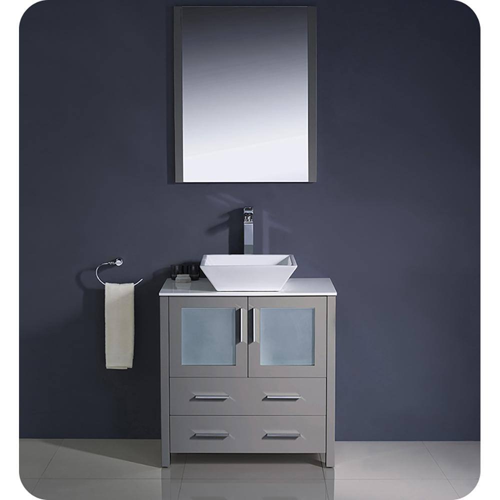 Gray Engineered Wood Freestanding Single Sink Vanity Base with Frosted Glass Doors