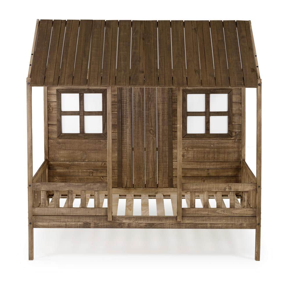 Twin Rustic Driftwood Pine Wood Low Loft Bed with Headboard