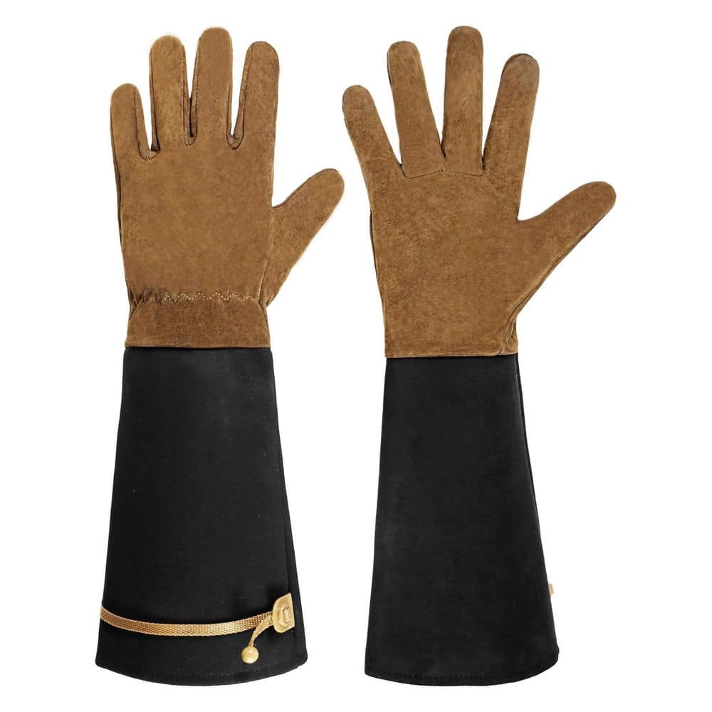 Misopily Pigskin Leather Thorn Proof Gardening Gloves, Breathable Pruning Gauntlet, Forearm Protection, Brown, M