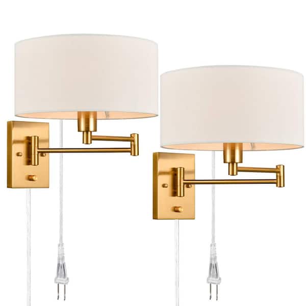 14 in. 2-Light Brass Modern Wall Sconce with Standard Shade