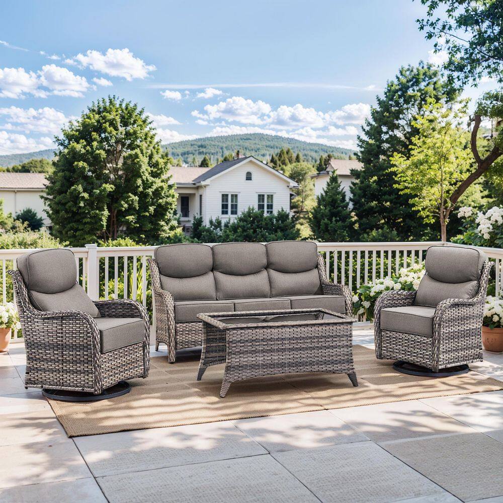 Nova Swivel Gray 4-Piece Wicker Patio Conversation Seating Set with Swivel Gliders and 6 in. Thick Olefin Gray Cushions price history on PriceWatchPro