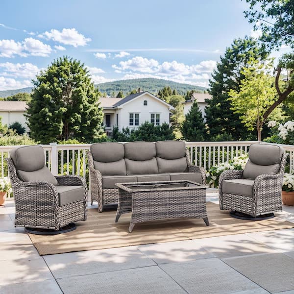 Bellefurn Nova Swivel Gray 4-Piece Wicker Patio Conversation Seating Set with Swivel Gliders and 6 in. Thick Olefin Gray Cushions